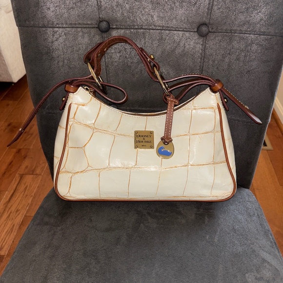 Dooney & Bourke Cream/ Brown Croc Embossed Leather Medium Hobo Shoulder Handbag - Picture 1 of 7